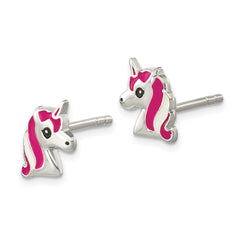 Sterling Silver Pink Enamel Unicorn Head Post Earrings