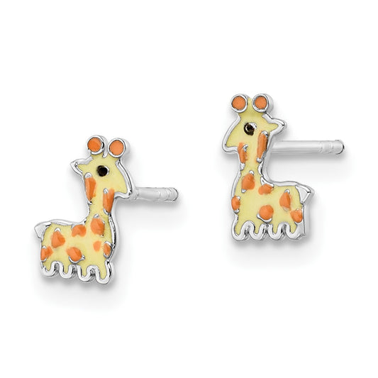 Rhodium-plated Sterling Silver Enameled Giraffe Post Earrings