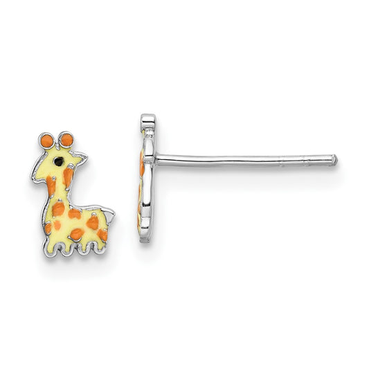 Rhodium-plated Sterling Silver Enameled Giraffe Post Earrings