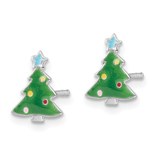 Rhodium-plated Silver Enamel Kids Christmas Tree Post Earrings