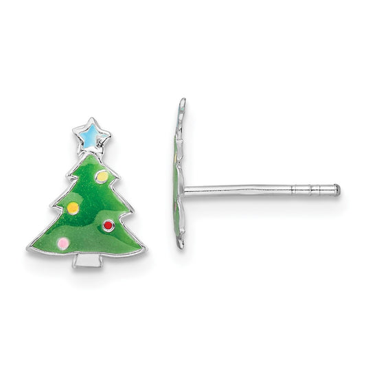 Rhodium-plated Silver Enamel Kids Christmas Tree Post Earrings