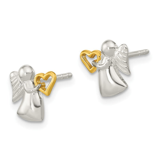 Sterling Silver & Gold Tone Angel with Heart Polished Post Earrings