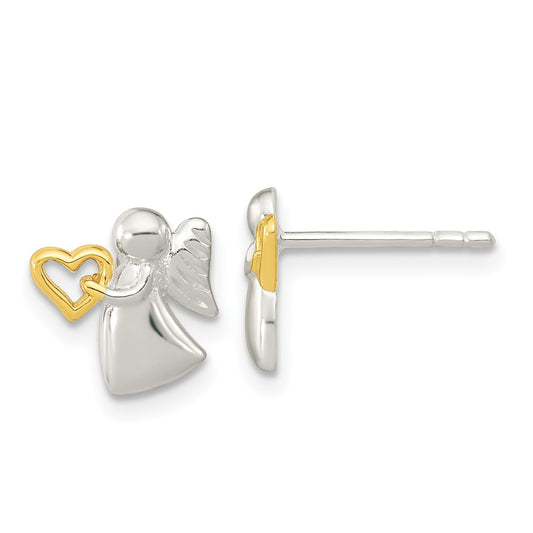 Sterling Silver & Gold Tone Angel with Heart Polished Post Earrings