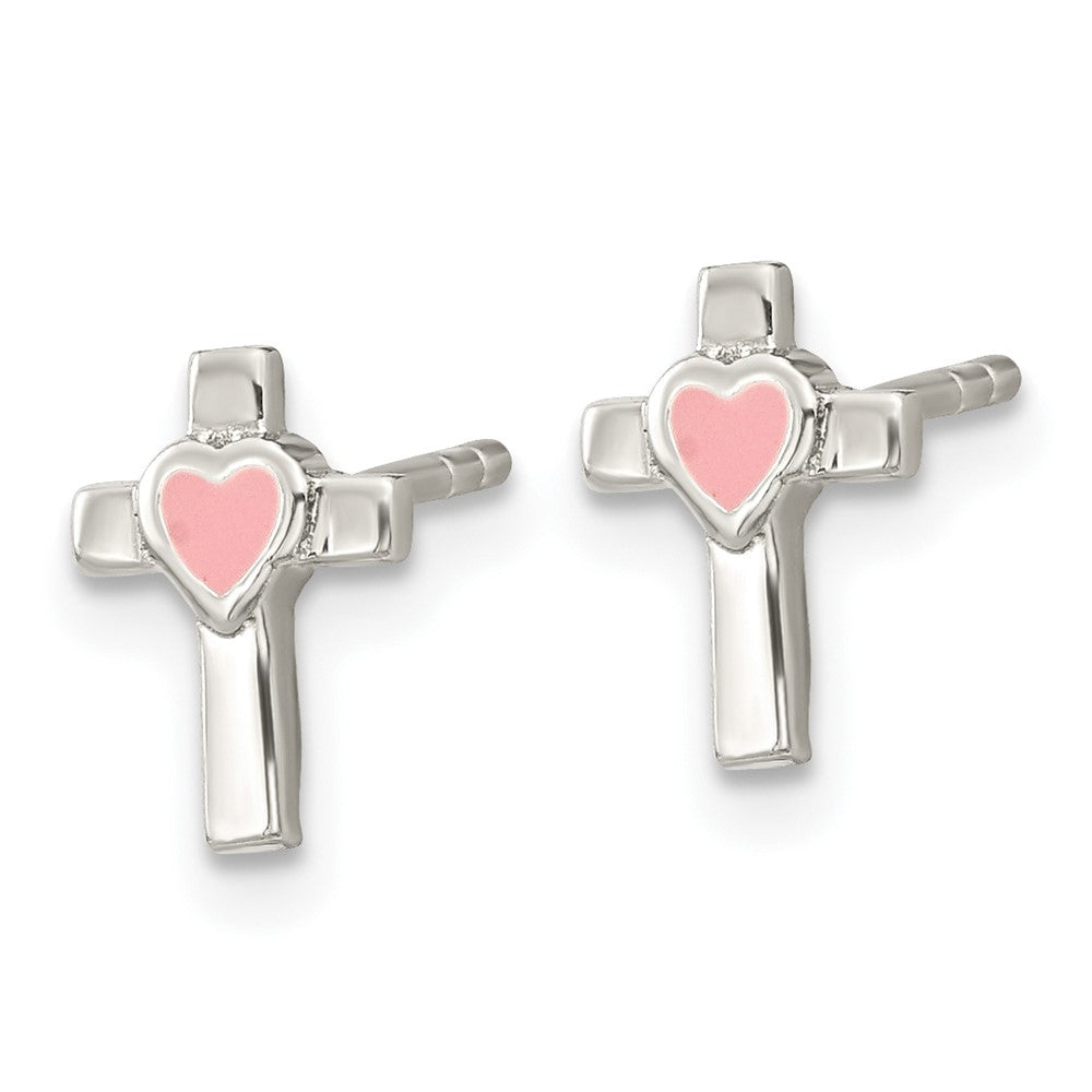Sterling Silver Cross Pink Enamel Heart Post Earrings