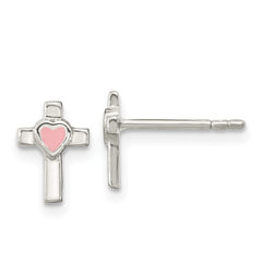 Sterling Silver Cross Pink Enamel Heart Post Earrings