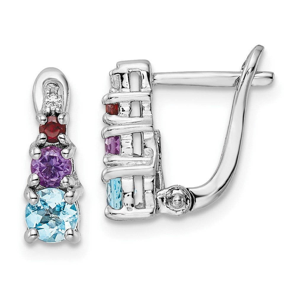 Rhodium-plated Silver .93tw Blue Topaz, Amethsyt, Garnet & White Topaz Hinged Earrings