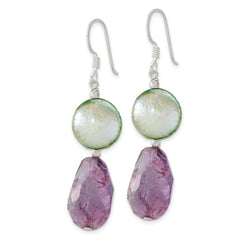 Sterling Silver Amethyst and Green Pearl Dangle Shepherd Earrings