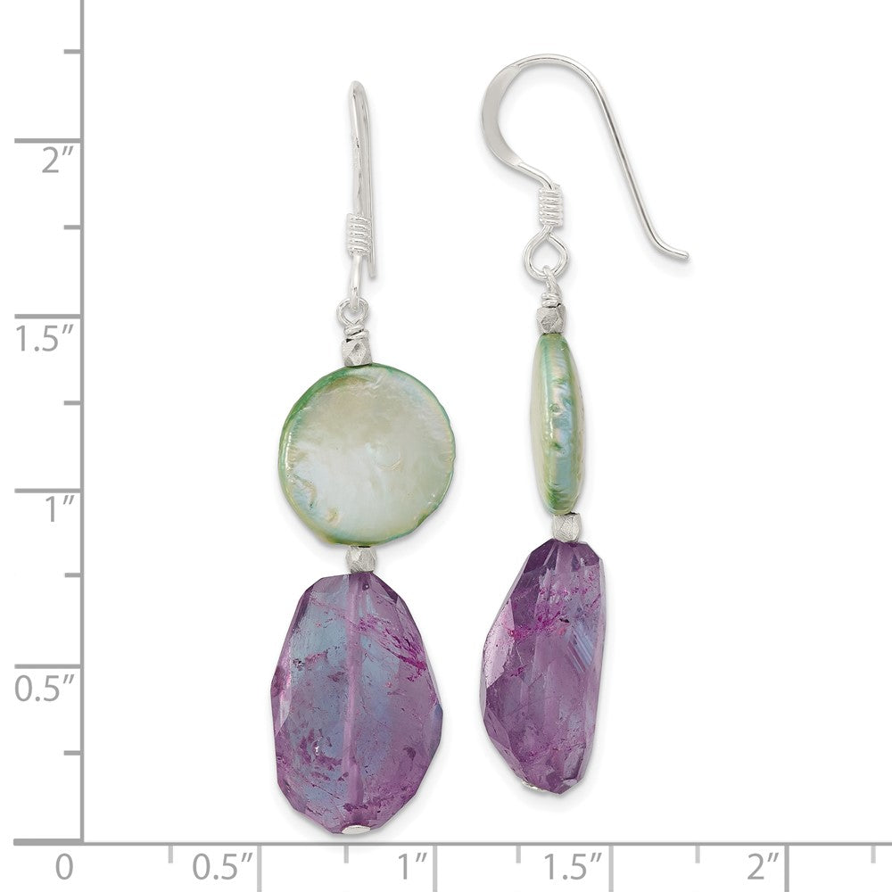 Sterling Silver Amethyst and Green Pearl Dangle Shepherd Earrings