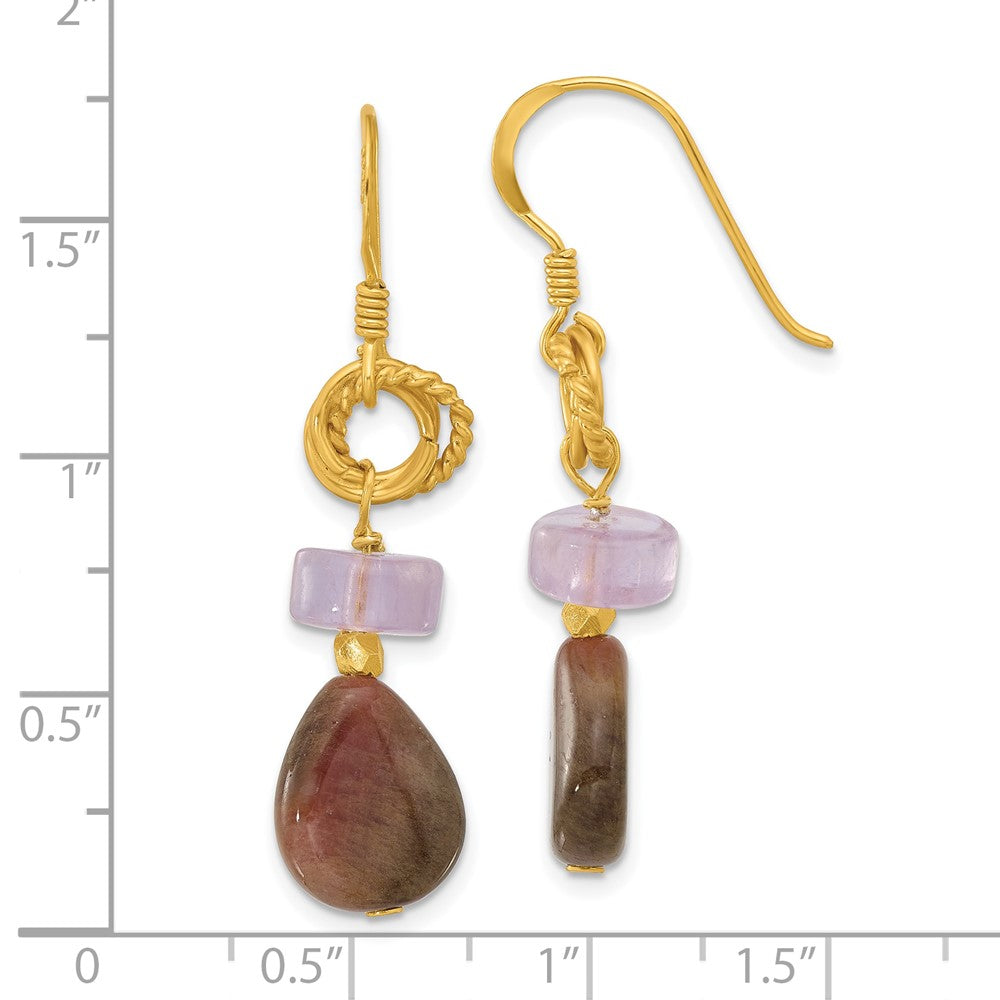 Yellow Gold-plated Sterling Silver Amethyst and Tourmaline Dangle Earrings