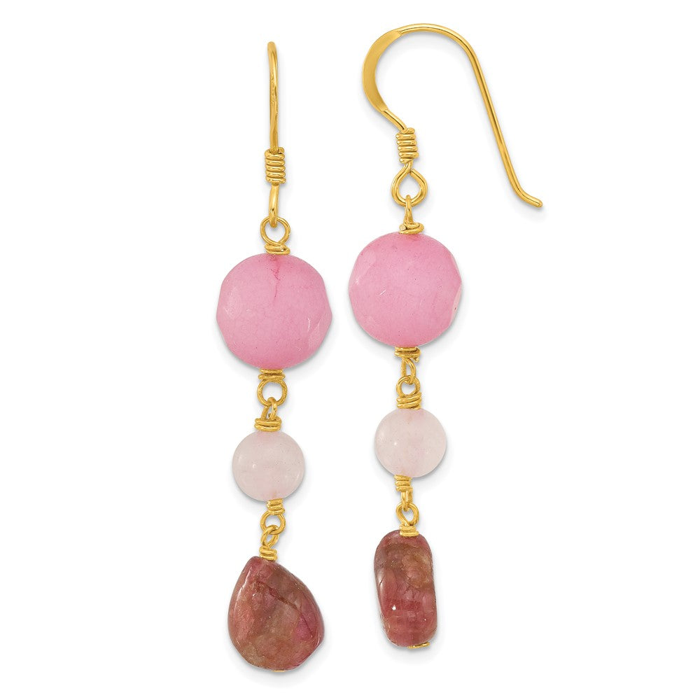 Yellow Gold-plated Sterling Silver Jade Rose Quartz Tourmaline Earrings