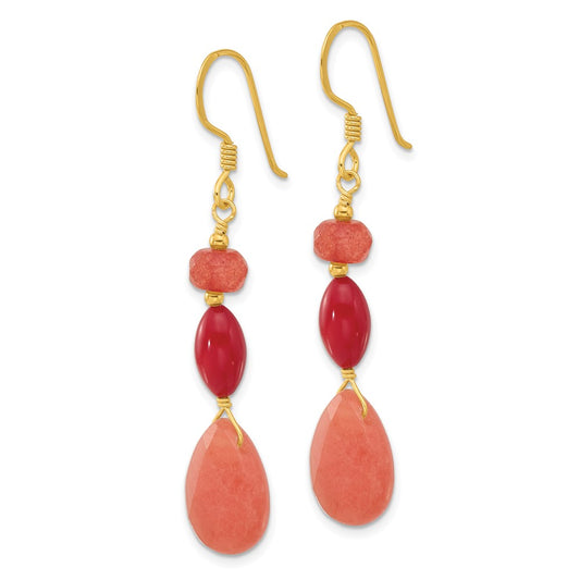 Yellow Gold-plated Sterling Silver Coral and Jade Dangle Earrings