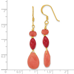 Yellow Gold-plated Sterling Silver Coral and Jade Dangle Earrings