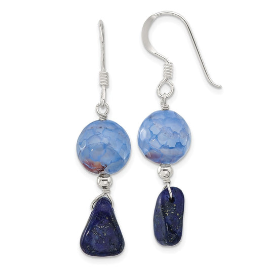 Sterling Silver Blue Agate with Shell and Lapis Shepherd Hook Earrings