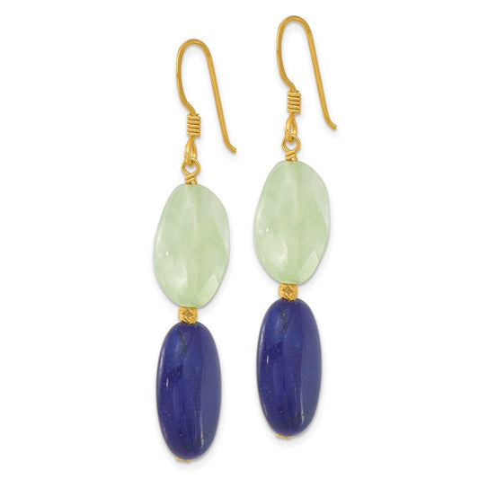 Yellow Gold-plated Sterling Silver Prehnite and Blue Quartz Dangle Earrings