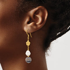 Yellow Gold-plated Sterling Silver FWC Pearl and Sardonyx Flower Earrings