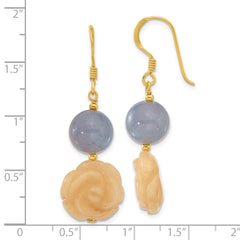 Yellow Gold-plated Sterling Silver Blue Agate Yellow Jade Flower Earrings