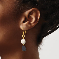 Yellow Gold-plated Sterling Silver Grey FWC Pearl and Agate Leaves Earrings
