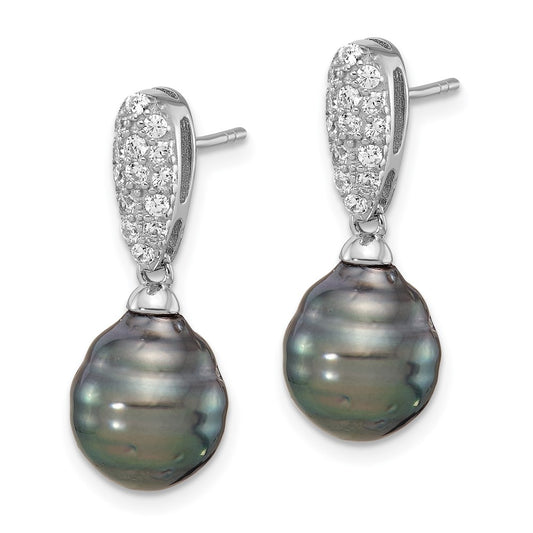 Rhodium-plated Sterling Silver Black Tahitian Pearl CZ Dangle Earrings