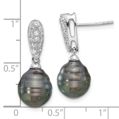 Rhodium-plated Sterling Silver Black Tahitian Pearl CZ Dangle Earrings