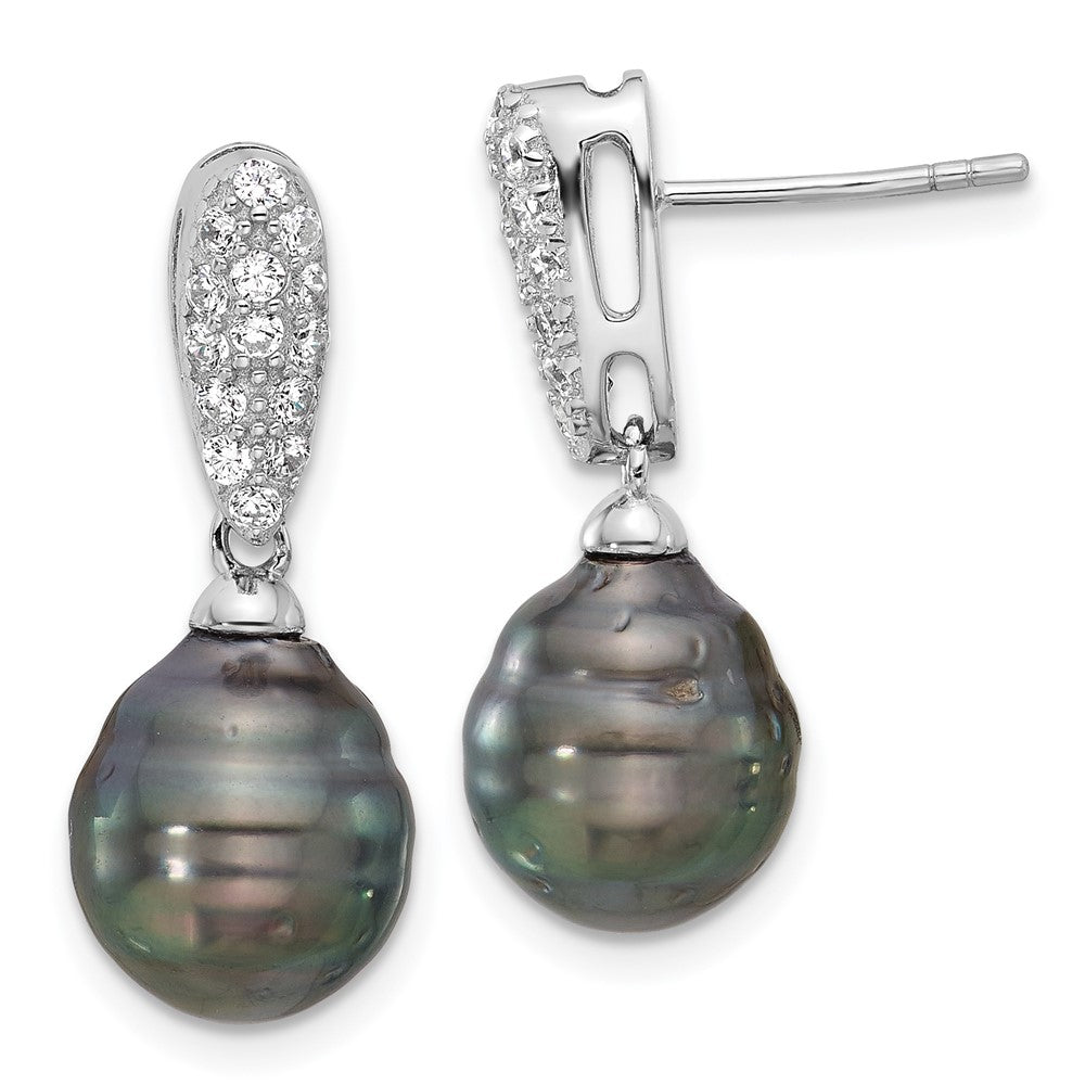 Rhodium-plated Sterling Silver Black Tahitian Pearl CZ Dangle Earrings