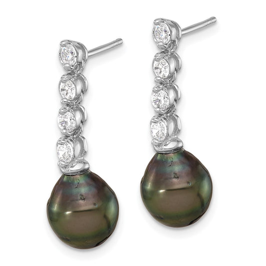 Rhodium-plated Silver 9-10mm Tahitian Pearl CZ Post Dangle Earrings