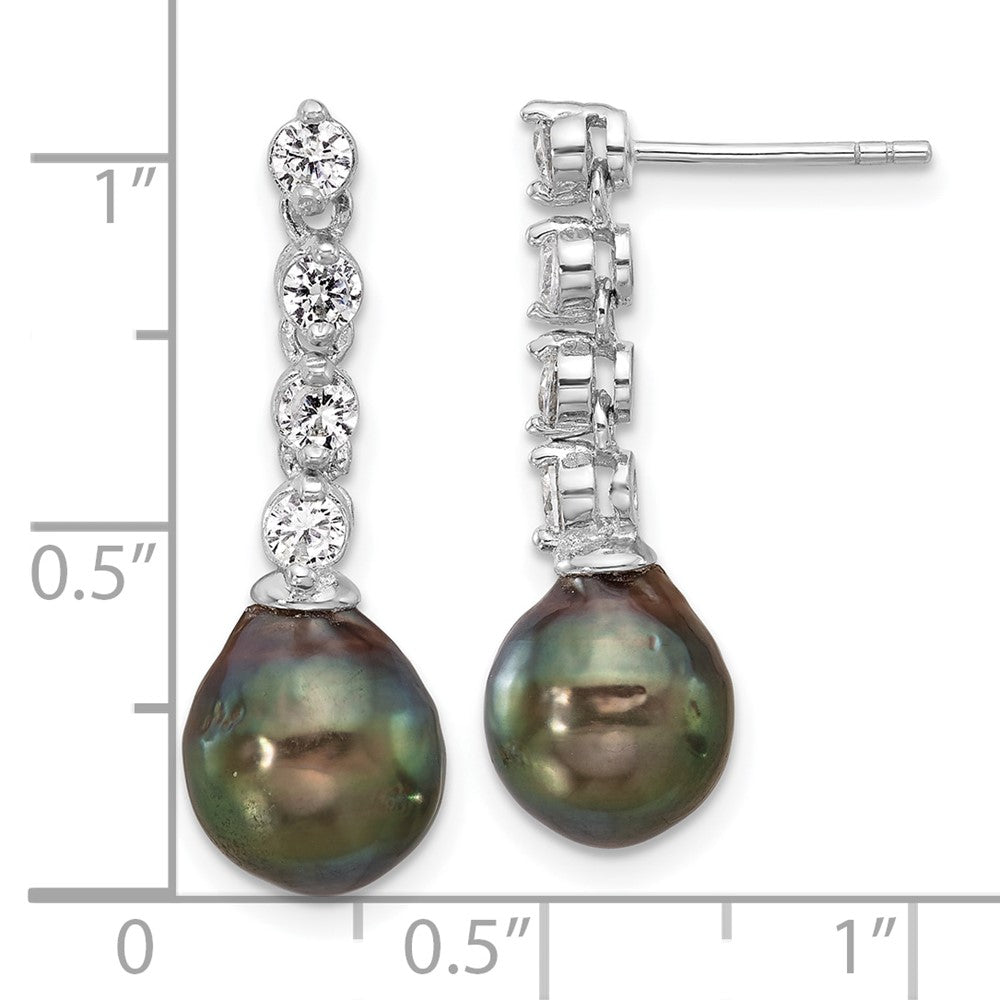 Rhodium-plated Silver 9-10mm Tahitian Pearl CZ Post Dangle Earrings