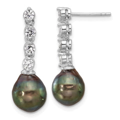 Rhodium-plated Silver 9-10mm Tahitian Pearl CZ Post Dangle Earrings