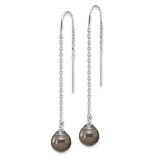 Rhodium-plated Sterling Silver Black Tahitian Pearl Threader Earrings