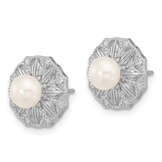 Rhodium-plated Silver Textured 5-6mm FWC Pearl Flower Post Earrings