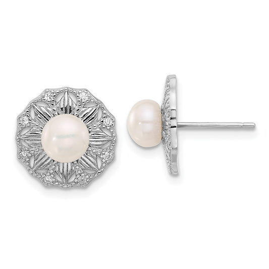 Rhodium-plated Silver Textured 5-6mm FWC Pearl Flower Post Earrings