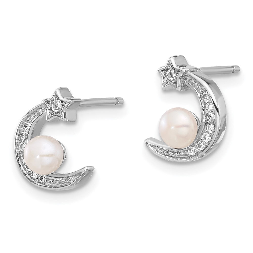 Rhodium-plated Sterling Silver CZ and FWC Pearl Moon and Star Post Earrings