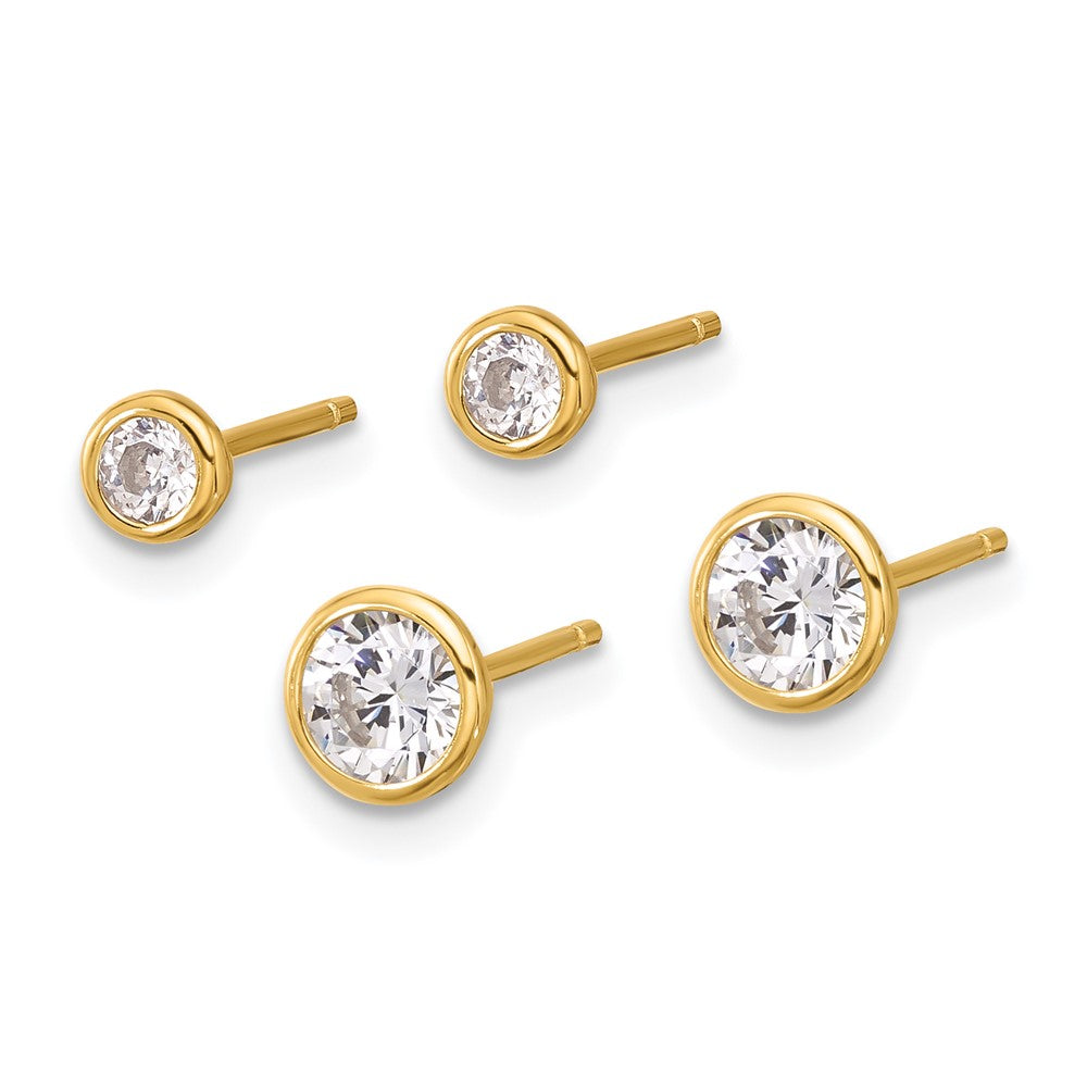 Yellow Gold-plated Sterling Silver 3mm and 5mm CZ Bezel Post Earrings