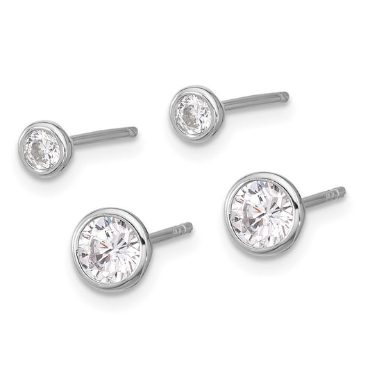 Rhodium-plated Silver 3mm and 5mm CZ Bezel Post Earrings