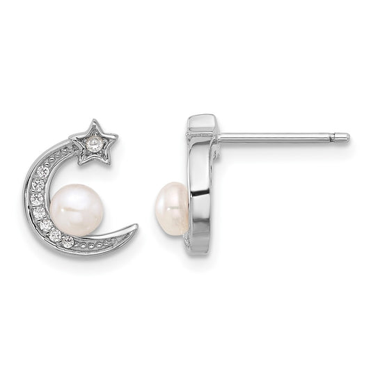 Rhodium-plated Sterling Silver CZ and FWC Pearl Moon and Star Post Earrings