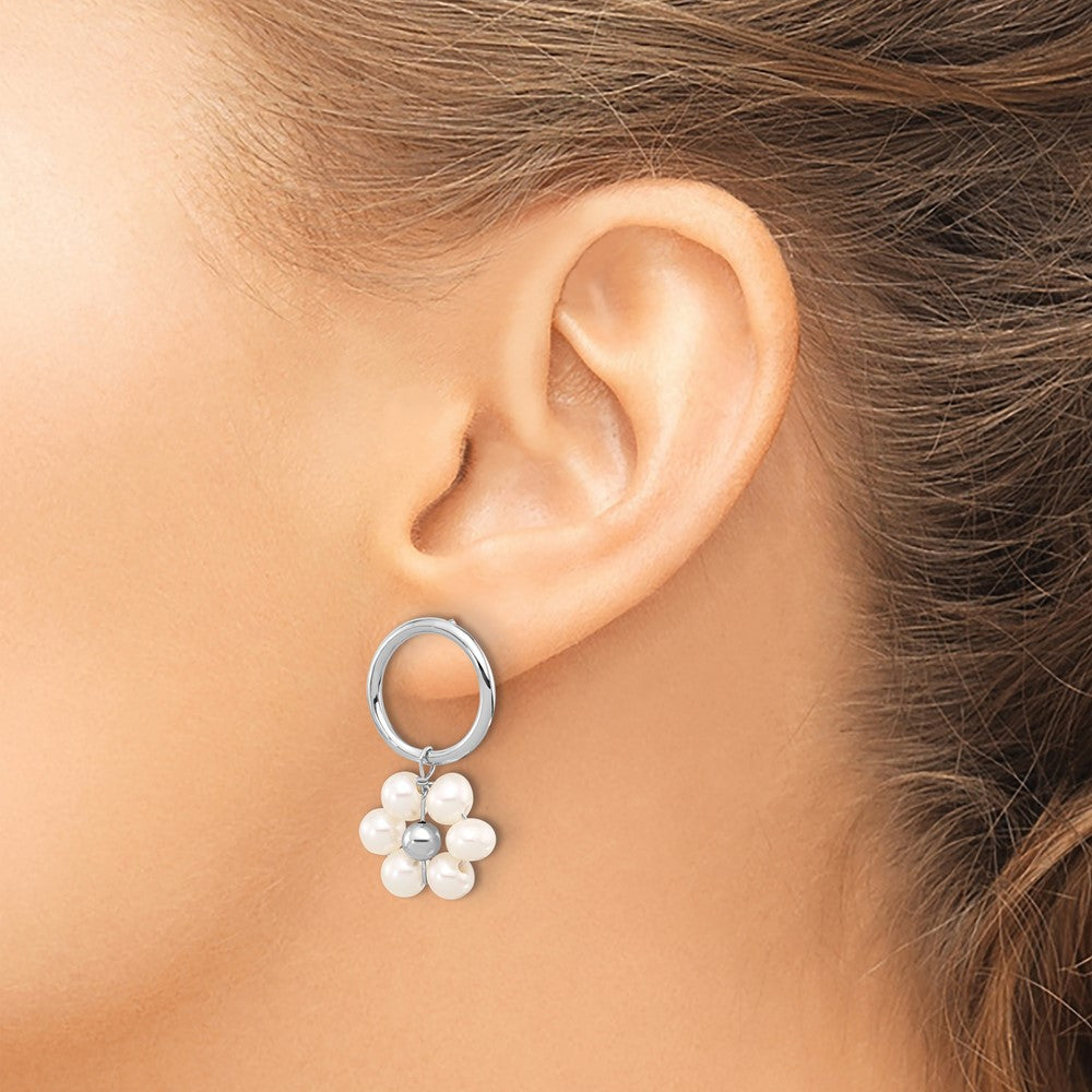 Rhodium-plated Silver 4-5mm White FWC Pearl Flower Dangle Earrings