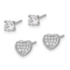 Rhodium-plated Silver Pave CZ Heart 4mm CZ Stud Post Earrings Set