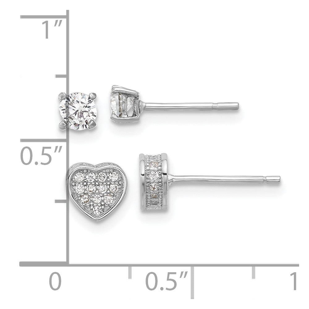 Rhodium-plated Silver Pave CZ Heart 4mm CZ Stud Post Earrings Set