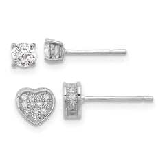 Rhodium-plated Silver Pave CZ Heart 4mm CZ Stud Post Earrings Set