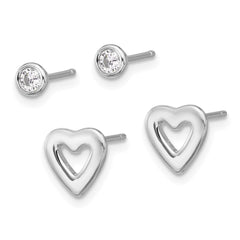 Rhodium-plated Sterling Silver CZ and Heart Post Earrings Set