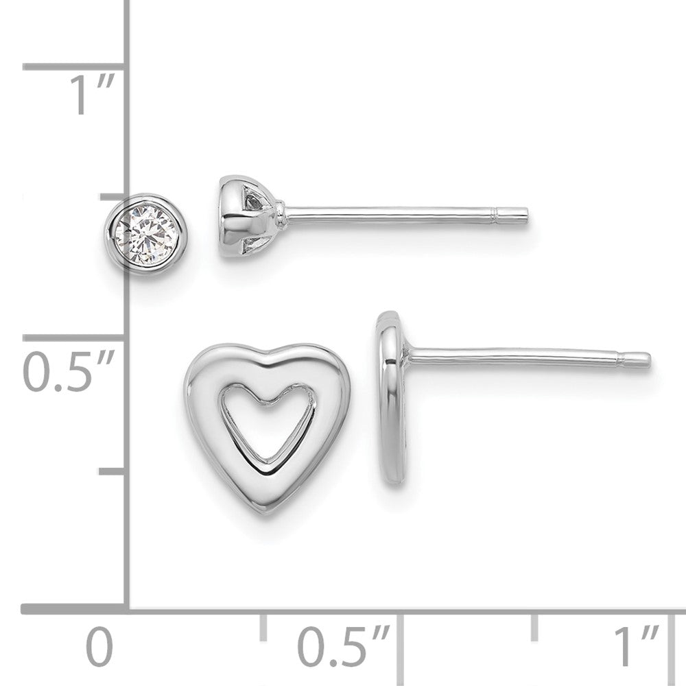 Rhodium-plated Sterling Silver CZ and Heart Post Earrings Set