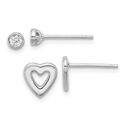 Rhodium-plated Sterling Silver CZ and Heart Post Earrings Set