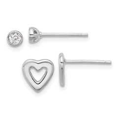 Rhodium-plated Sterling Silver CZ and Heart Post Earrings Set