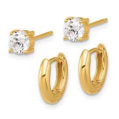 Yellow Gold-plated Sterling Silver 2.5mm Huggie Hoops 5mm CZ Stud Earrings Set