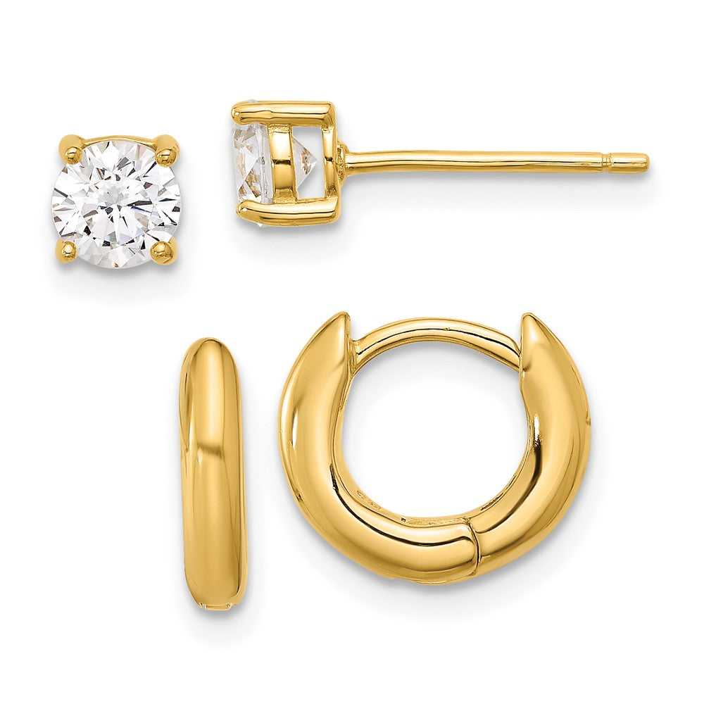 Yellow Gold-plated Sterling Silver 2.5mm Huggie Hoops 5mm CZ Stud Earrings Set