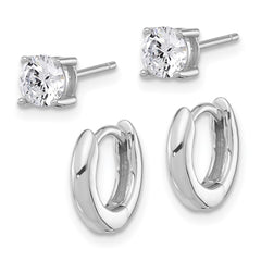 Rhodium-plated Silver 2.5mm Huggie Hoops 5mm CZ Stud Earrings Set