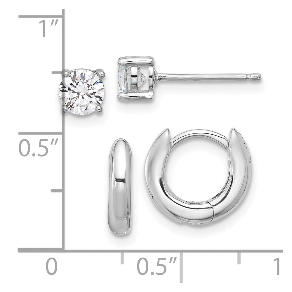 Rhodium-plated Silver 2.5mm Huggie Hoops 5mm CZ Stud Earrings Set