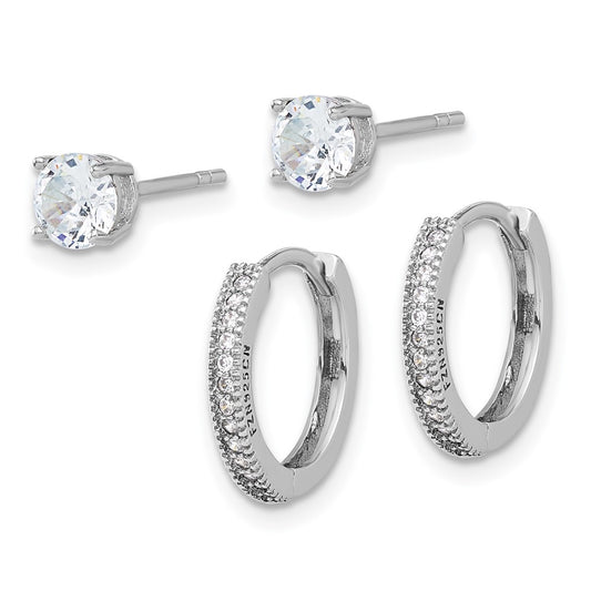 Rhodium-plated Sterling Silver CZ 2mm Hoop and 5mm Stud Post Earrings Set