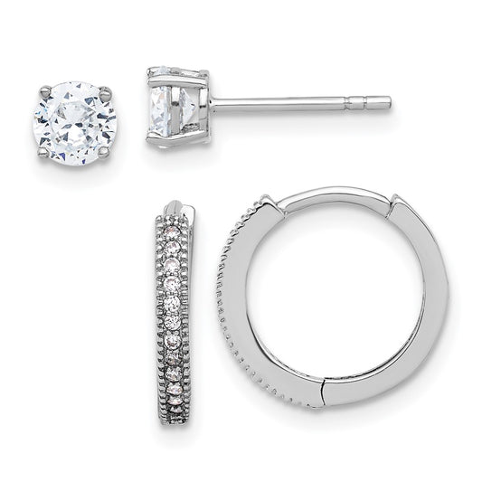 Rhodium-plated Sterling Silver CZ 2mm Hoop and 5mm Stud Post Earrings Set