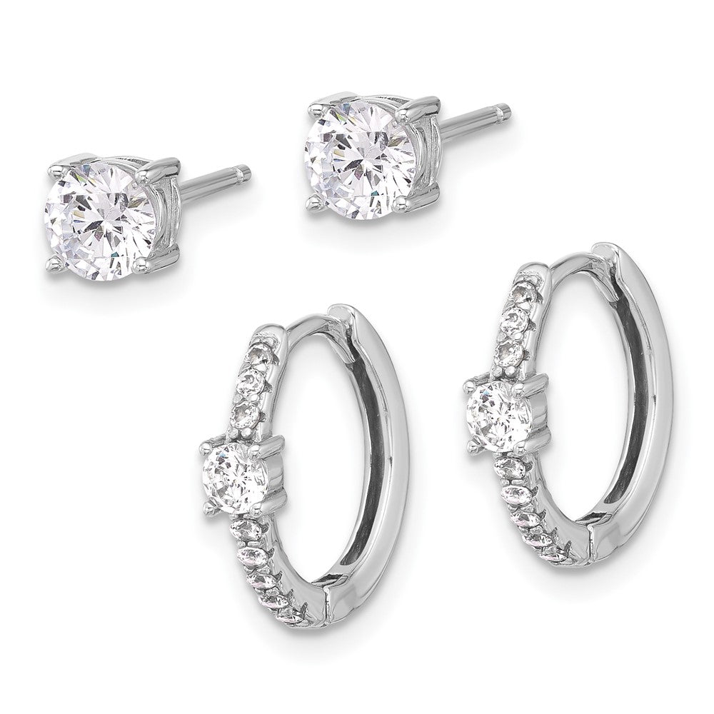 Rhodium-plated Silver 5mm CZ Studs and Hinged Hoop Earrings Set