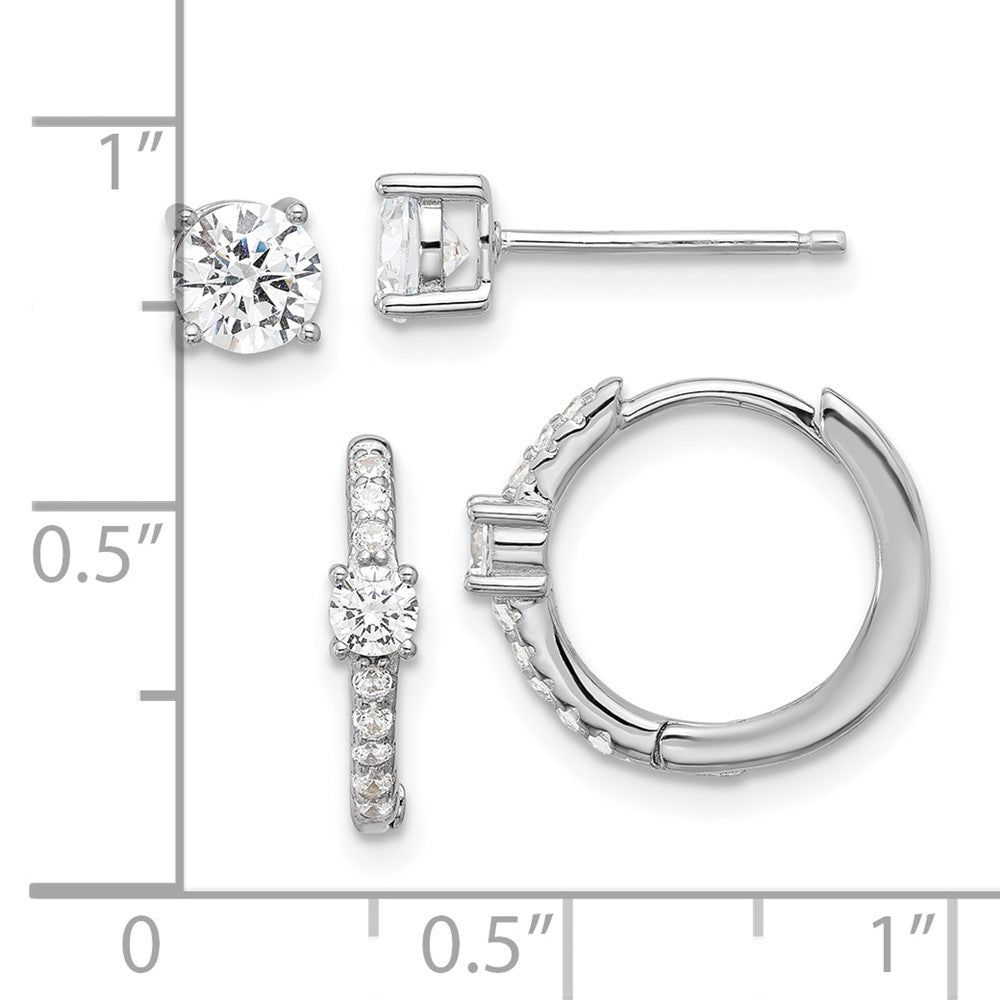 Rhodium-plated Silver 5mm CZ Studs and Hinged Hoop Earrings Set